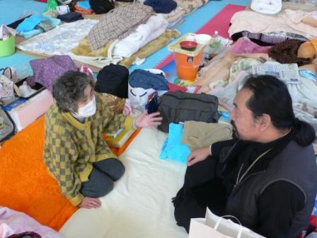 Bp. Seraphim visited Irina Chiba at the shelter in Yamada. Her house was swept away.