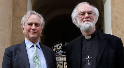 Former Archbishop of Cantebury Rowan Williams (right) and atheist scholar Richard Dawkins pose for a photograph outside Clarendon House at Oxford University, before their debate in the Sheldonian theatre in Oxford, central England, Feb 23 (Reuters/Andrew Winning