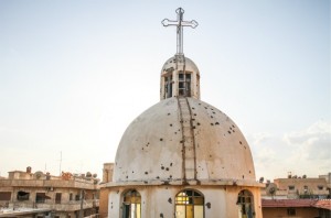 The bell tower of a church in Ras al-Ayn, which was used as a base for snipers. (Danny Gold)