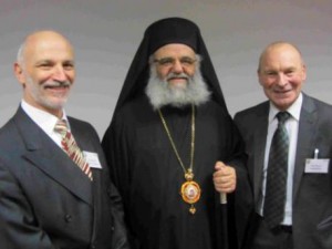 L-R: Chair of governors Yiannis Pareas, Bishop Athanasios and headteacher Robert Ahearn at North London Business Park