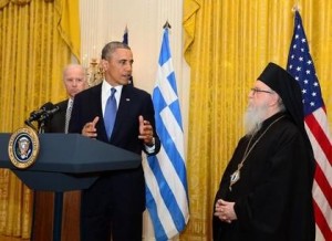 U.S President Barack Obama and Vice-President Joseph Biden with Archbishop Demetrios at a White House celebration for Greek Independence Day on April 18.