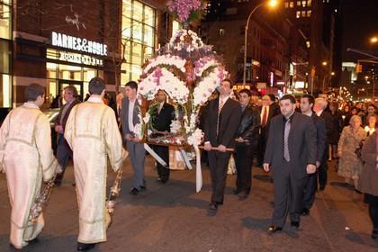 (Photo/Patterson Graham) A scene from the procession of the Epitaphios at the Sts. Constantine and Helen Greek Orthodox Church in Brooklyn, N.Y., a solemn holiday for the faithful.