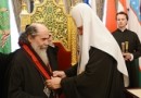 Primate of Russian Orthodox Church presents His Beatitude Patriarch Theophilos with Order of St Vladimir, Equal-to-the-Apostles
