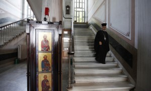 Metropolitan Apostolos Daniilidis, an Orthodox bishop at the monastery attached to the Halki school, is seen at "Tracing Istanbul," an exhibition of works by Greek artists, at the Greek Orthodox seminary in Heybeliada island near Istanbul, Sept. 4, 2010. (photo by REUTERS/Osman Orsal)