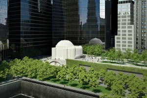 A rendering of the new St. Nicholas Greek Orthodox Church, with conceptual images of a landscaped open space known as Liberty Park.
