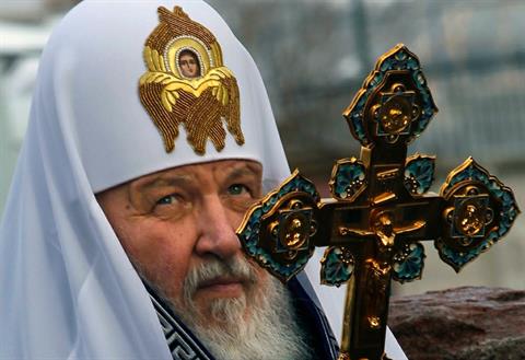 Russian Orthodox Church Patriarch Kirill looks during a service at the construction site of a new St. Spyridon cathedral in Nagatino, Moscow, Russia, Tuesday, March 27, 2012. (AP Photo/Mikhail Metzel) 