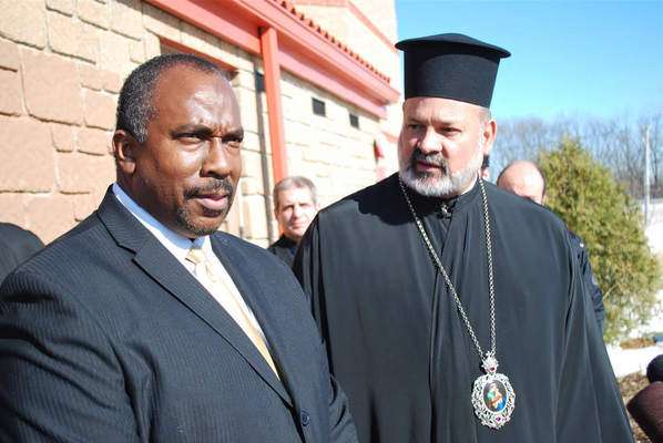Imam Matthew Ramadan of the Council of Islamic Organizations of Greater Chicago, left, and Bishop Demetrios of the Metropolis of Chicago. | Rick Kambic/Sun-Times Media