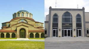 St. Demetrios Greek Orthodox Church in Libertyville (left) and Islamic Foundation North in Waukegan (right) both were vandalized Sunday night with the same smiley face and hateful message. (Credit: Facebook)