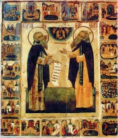 Saints Zosima (left) and Savvatiy (right) with their lives. The 16th century icon is now located in the Russian Museum, Saint-Petersburg, Russia