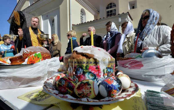 Consecration of Easter eggs and cakes at the Holy Spirit Cathedral in Minsk, Belarus.