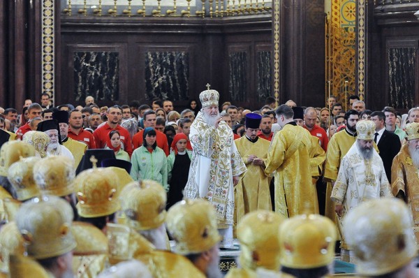 Primate of the Russian Orthodox Church celebrates at the Cathedral of Christ the Saviour on the commemoration day of Sts Cyril and Methodius