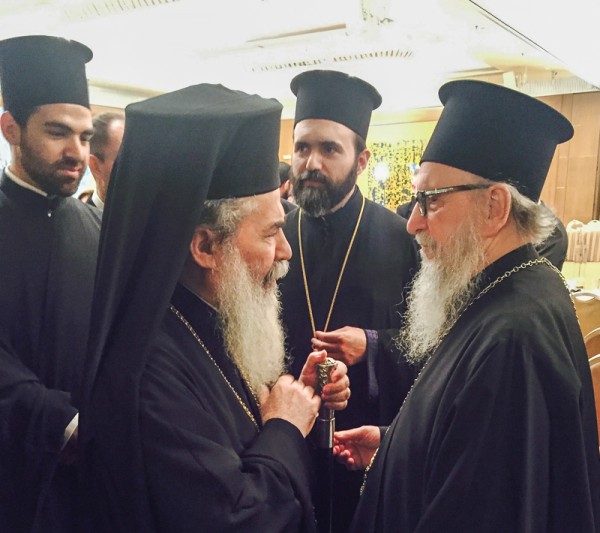 Archbishop Demetrios of America converses with Patriarch Theofilos of Jerusalem