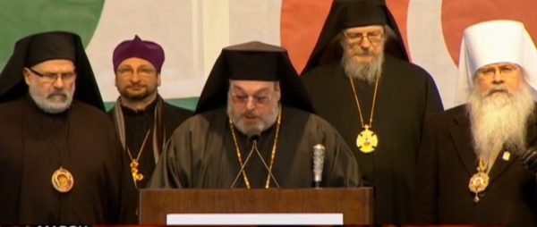 Metropolitan Tikhon [far right] with [from left] Bishop John; Fr. Eric G. Tosi, OCA Secretary; Metropolitan Evangelos; and Archbishop Melchisedek during opening prayer.