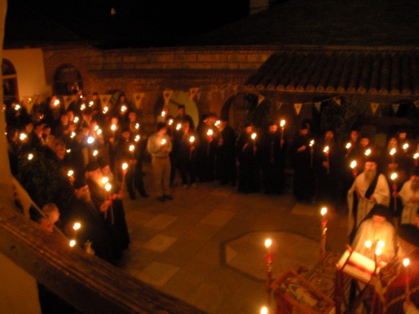 Paschal Matins begins in the monastery's courtyard