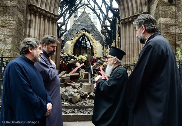 Archbishop Demetrios Visits Fire Ravaged St. Sava Cathedral