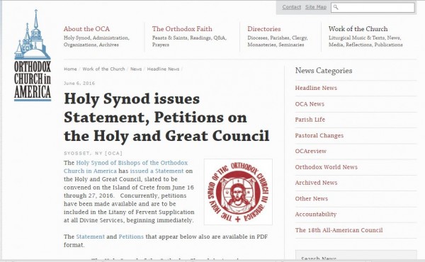 The Holy Synod of Bishops of the Orthodox Church in America issues Statement, Petitions on the Holy and Great Council