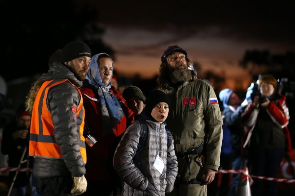 Fedor Konyukhov looks on with family members before lift off from the Northam Aero Club (Paul Kane/ Getty Images)