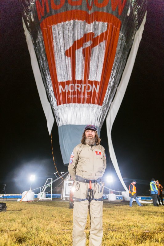 Russian adventurer Fedor Konyukhov stands in front of his balloon while it is inflated in Northam, Australia (Oscar Konyukhov/ Reuters)