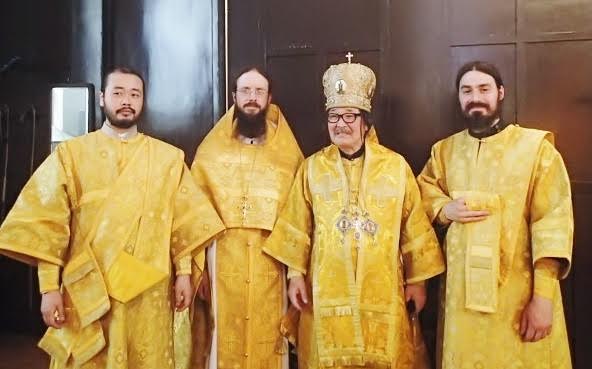 Divine Liturgy at Tokyo’s “Nikolai-Do”—from left, Deacon Iliya Toru, Archimandrite Sergius, Metropolitan Daniel, and Hierodeacon Maximus.